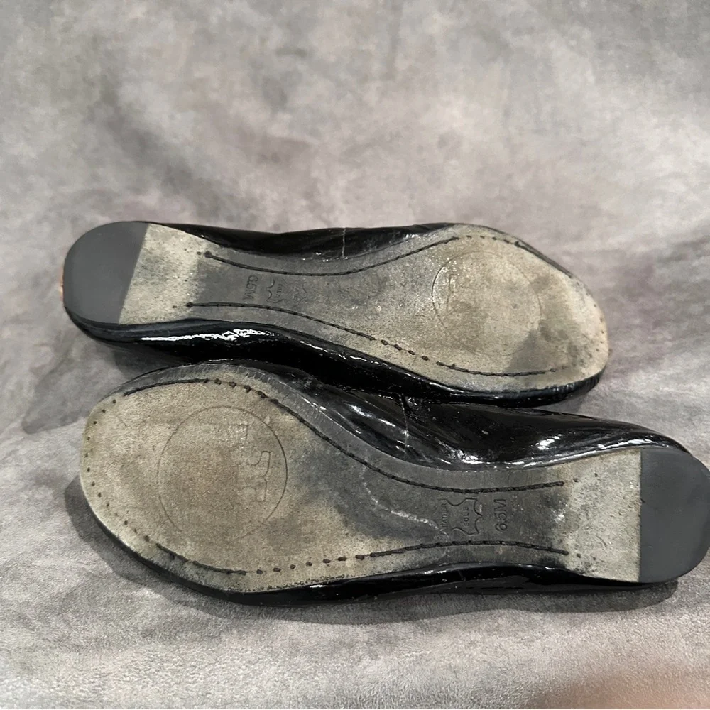 Tory Burch Caroline 2 Ballet Flats Patent Leather Logo Black Gold 6.5 Balletcore